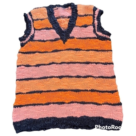 Source Unknown Sweaters - VINTAGE chunky 3D knit 80's vibes pull over V neck vest, orange pink & blue, S.